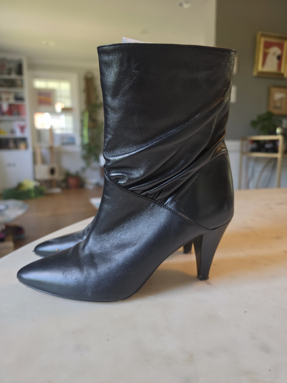 ba&sh Calix Black Pointed-Toe Mid-Calf Leather Heel Booties Size 38